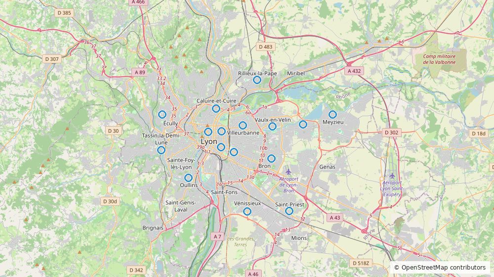 Carte de Lyon et de son agglomération, un anneau sur chacun des 16 secteurs où NM Plomberie intervient le plus souvent